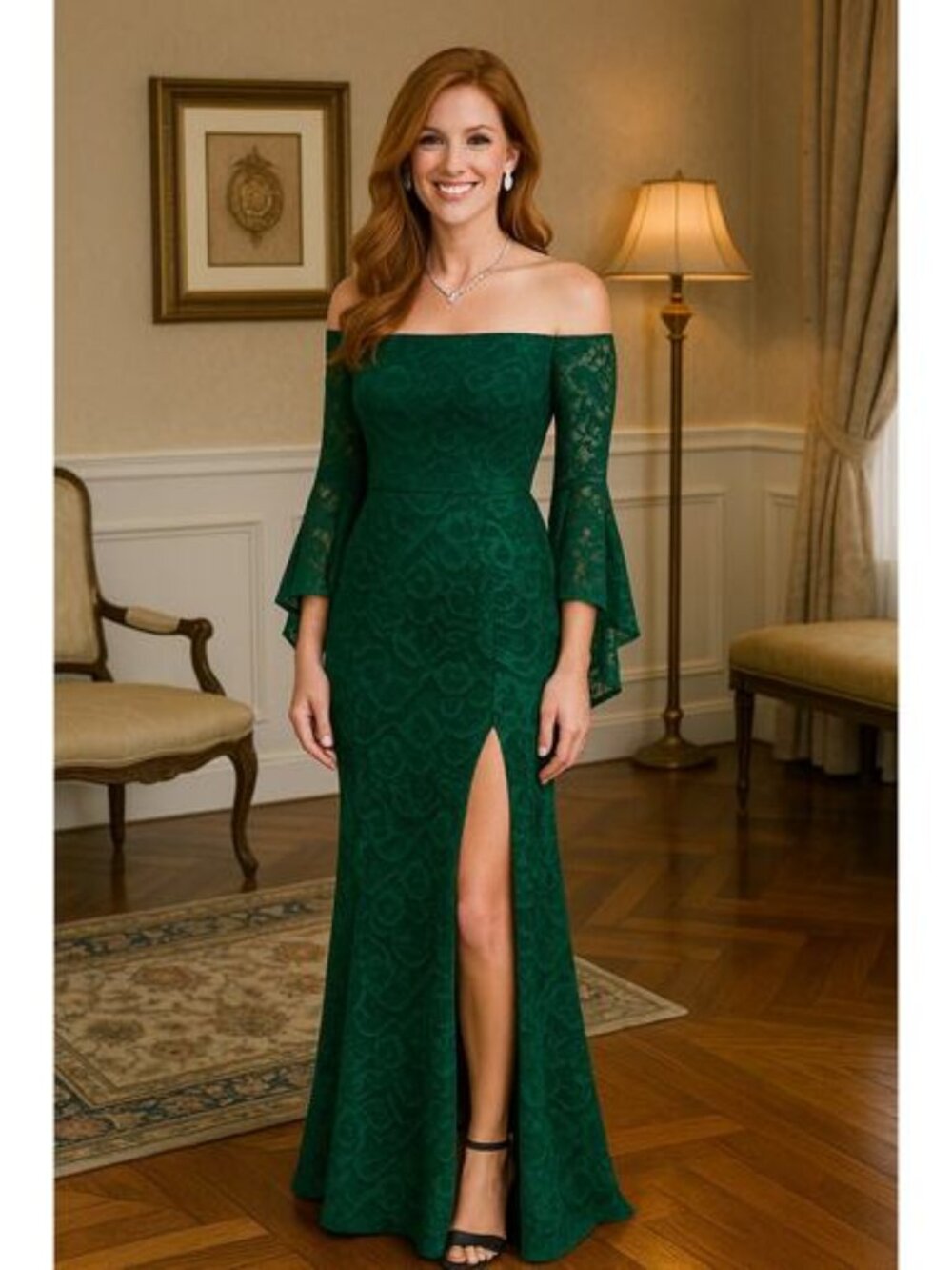 Vfshow VfEmage Womens  Green Lace Off Shoulder Bell Sleeve Gown  - Size XL